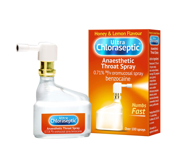 Ultra Chloraseptic Honey and Lemon Sore Throat Spray (15ml) features a spray nozzle, orange packaging highlighting its numbing effect, and provides over 100 sprays per bottle.