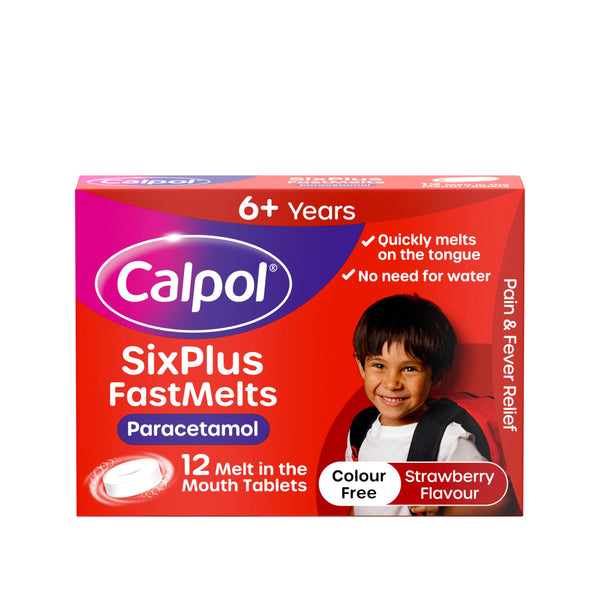 Introducing Calpol Sixplus Fastmelts for children 6+. The pack shows a child with a backpack and includes 12 strawberry-flavored, dissolvable tablets. These color-free tablets melt in the mouth without water, providing quick relief from pain and fever.