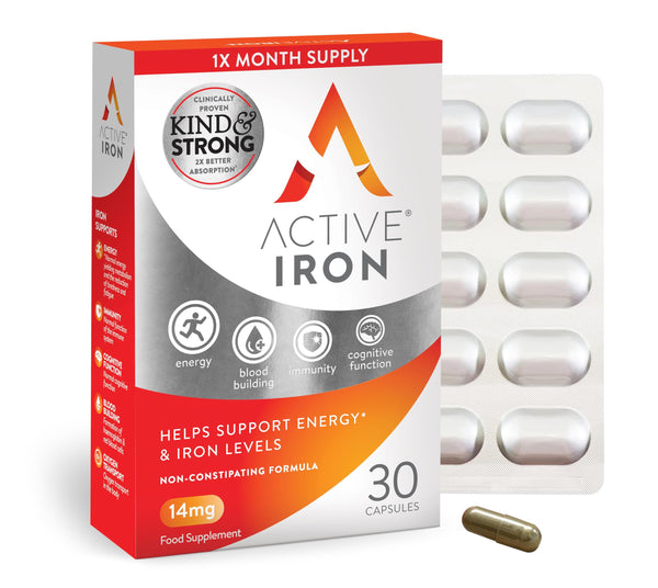 Active Iron Supplement Iron Capsules by Active, in a blister pack, offer energy and fatigue reduction benefits. The packaging emphasizes optimal absorption with a non-constipating formula, providing a one-month supply.