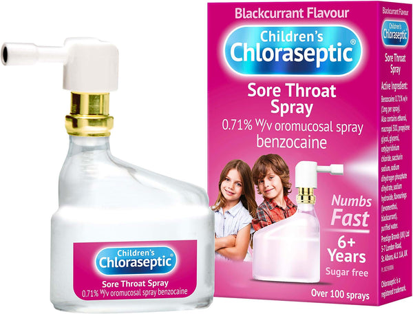 The Ultra Chloraseptic Childrens Blackcurrant Flavour Spray (15ml) features packaging with smiling children. Its sugar-free formula is suitable for ages 6 and up, providing fast sore throat relief with benzocaine.