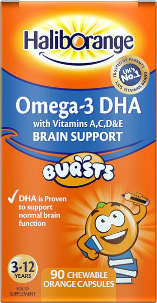 The image features the packaging of Seven Seas Haliborange Kids Omega 3 Chewable Capsules (90), designed for children aged 3-12. Emphasizing brain and digestive support with vitamins A, C, D, and E, it showcases a playful cartoon orange character.