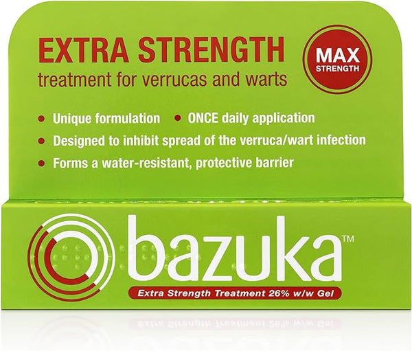 Bazuka Extra Max Strength Treatment Gel (6g) features green packaging and a unique salicylic acid-based formula. Renowned for treating verrucas and warts, it ensures maximum strength with daily use, prevents infection spread, and offers a water-resistant barrier.