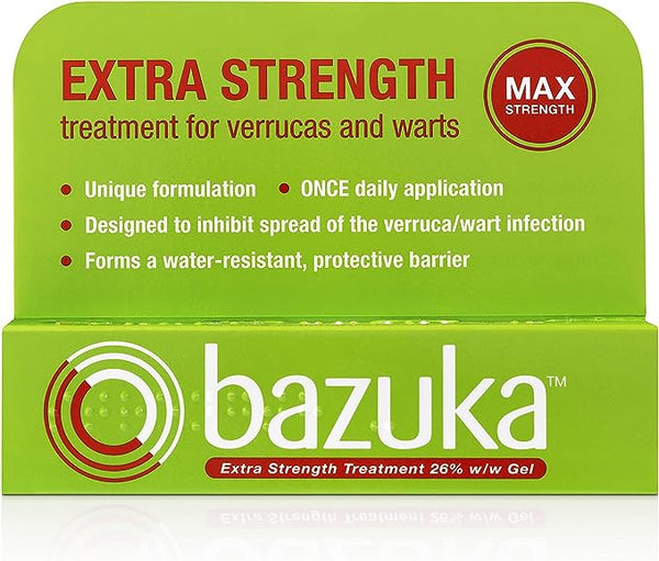 Bazuka Extra Strength Gel (5g) by Bazuka, in green packaging, is a potent verruca treatment with a unique formulation of MAX Strength salicylic acid. Its applied once daily, prevents spread, and provides a water-resistant barrier against verrucas and warts.