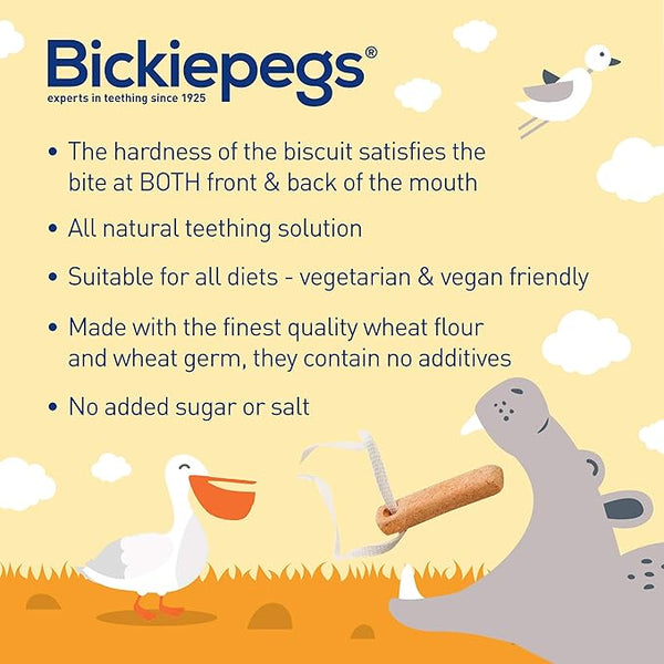 A cartoon shows a happy gray seal balancing a Bickiepegs Natural Teething Biscuit on its nose, with two white birds nearby. The text emphasizes Bickiepegs as perfect for all diets, made with natural ingredients, providing baby relief, and containing no added sugar or salt.