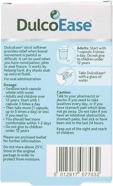 The image shows the back of a DulcoEase 100mg (30 Soft Gel Caps) package, emphasizing constipation relief. It includes dosage instructions, warnings, storage guidelines, and a partial barcode on a white background with clear green and blue text.