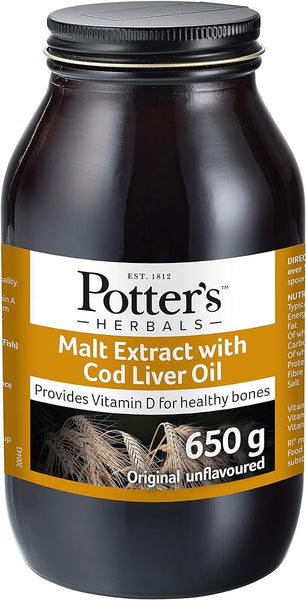 Potters Malt Extracount with Cod Liver Oil, from Potters, provides a dose of Vitamins A and D for healthy bones. The 650g jar is original, unflavoured, with a dark design highlighted by elegant gold and black labeling.