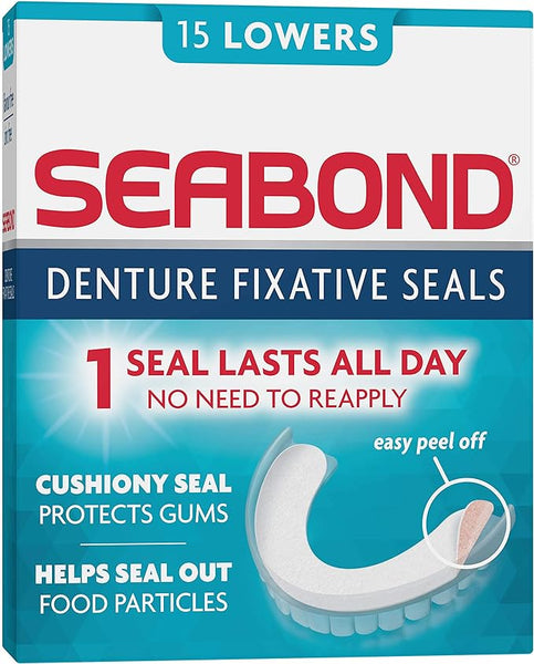 Seabond Denture Seals (15 Uppers) by SeaBond secure your dentures with a soft adhesive, providing all-day cushion and protection while sealing out food. Easy peel instructions included for effortless application.