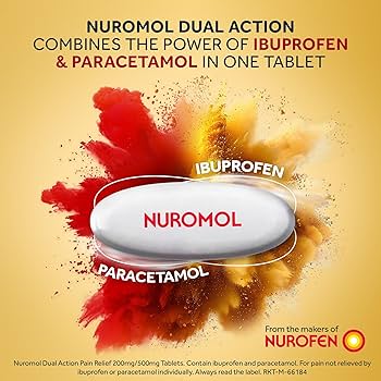 Image of Nuromol Dual Action 200mg/500mg tablets with a vibrant splash symbolizing ingredients. Text reads: Nuromol Dual Action: Combines ibuprofen & paracetamol for effective pain relief in one tablet. From the makers of Nurofen. Contains 32 tablets.