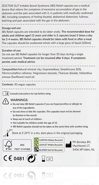 The information label for Doctor Gut IBS Relief Capsules (30 count) highlights digestive health benefits and provides details on usage, dosage, ingredients, storage instructions, and warnings for adults over 12. It includes allergy and side effect disclaimers along with packaging specifics.