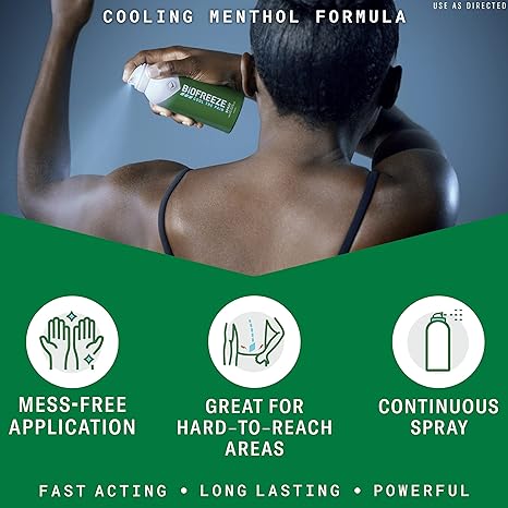 A user applies Biofreeze Pain Relieving Spray (118ml) on their upper back, demonstrating mess-free relief. The text highlights its features: Cooling menthol formula, Great for hard-to-reach areas, and Continuous spray, with icons underscoring the cryotherapy benefits.