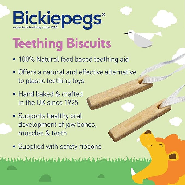 Image of Bickiepegs packaging. Text: Bickiepegs Natural Teething Biscuits offer baby relief with 100% natural ingredients, as a plastic-free option. Hand-baked in the UK since 1925, they support jaw, bone, muscle, and teeth development. Features two biscuits with ribbons and a cartoon lion.