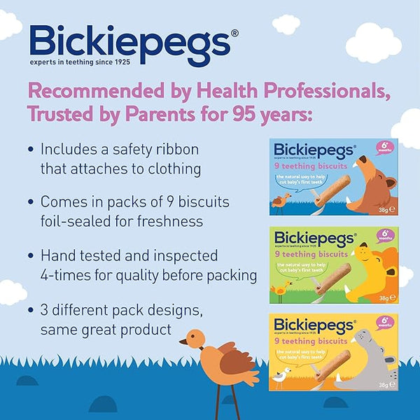 Promotional image for Bickiepegs Natural Teething Biscuits highlights three distinct package designs, each with nine all-natural biscuits. Features include a safety ribbon and hand-tested quality, with a bird-illustrated background to emphasize freshness.