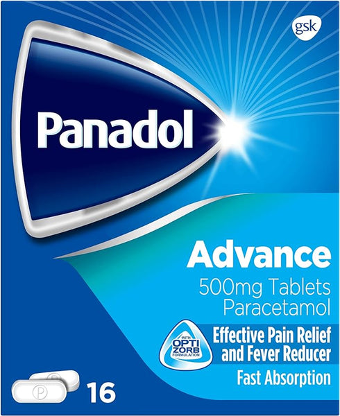 The packaging of Panadol Advance Pain Relief 500mg (16 Tablets) features a sleek blue and white design, highlighting 500mg Tablets Paracetamol and the Optizorb branding, promising effective pain relief with fast-absorbing technology.