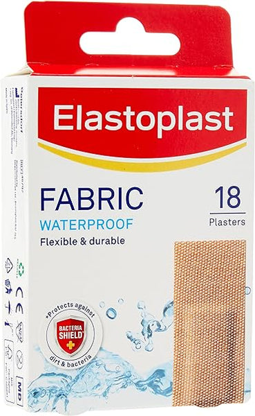 Elastoplast Waterproof Fabric Plasters (18) are flexible, stretchable, and durable. They feature a bacteria shield emblem and water splash graphic on red, white, and blue packaging with a visible plaster image, perfect for any first aid kit.