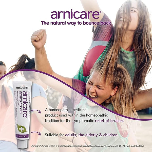 A group of people joyfully jumping against a nature backdrop; inset: a tube of Nelsons Arnicare Arnica Cream (30g), ideal for soothing aching muscles and bruises, gentle enough for all ages.