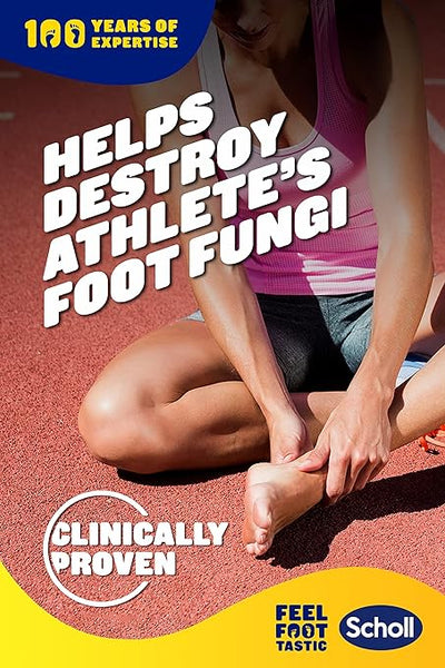 A person applies Scholl Athletes Foot Spray (150ml) while sitting on a track. The text reads: 100 Years of Expertise. Clinically Proven to Destroy Fungi with Tolnaftate. Feel Foot Tastic.