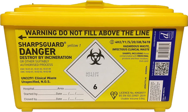 The Sharpsguard Sharpsafe Medical Sharps Bin Tub (1L) is a yellow container with a tamper-proof lid, warning label, biohazard symbol, and incineration instructions for hazardous clinical waste. It includes the UN3291 code, usage guidelines, and space for hospital/user details—ideal for sharps disposal.