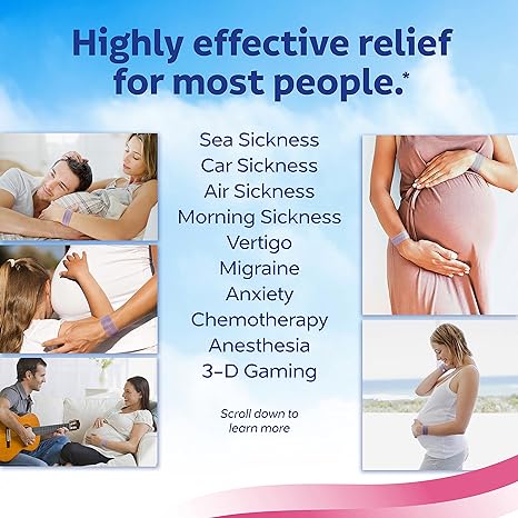 Top text: Highly effective relief for most people. Below, ailments are listed and photos show individuals using Sea-Band Mama Acupressure Bands for nausea relief in scenarios like pregnancy morning sickness, travel, and relaxation.