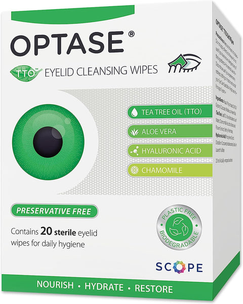 The image displays a box of Optase Tea Tree Oil Eyelid Cleansing Wipes 20PACK, highlighting ingredients like tea tree oil, aloe vera, hyaluronic acid, and chamomile. Perfect for eye health, the 20 sterile wipes are preservative-free, plastic-free, and biodegradable.