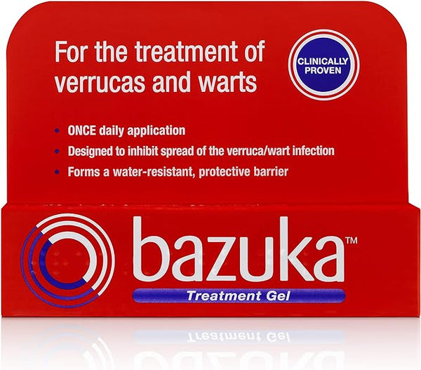 Bazuka Treatment Gel 6g by Johnson and Johnson comes in red packaging with a salicylic acid formula. Its designed for verruca and wart treatment, requiring once-daily application, preventing infection spread, forming a water-resistant barrier, and is Clinically Proven for peace of mind.