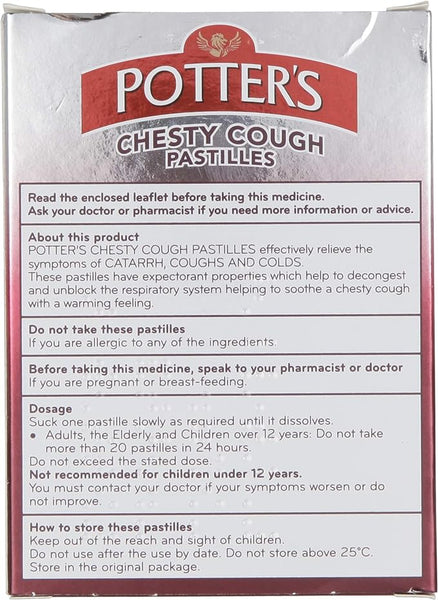 The image shows the back of a box labeled Green Potters Mucus Cough Pastilles (20) from the brand Potters. It details usage, precautions, and storage, emphasizing the non-drowsy pastilles effectiveness in relieving symptoms of catarrh, coughs, and colds.