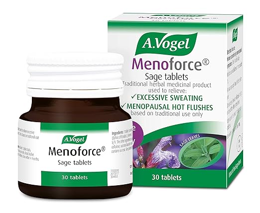 A.Vogel Menoforce Sage Tablets, containing 30 tablets per box, are designed for menopause support. The packaging showcases relief from symptoms like excessive sweating and hot flushes with sage leaf imagery.