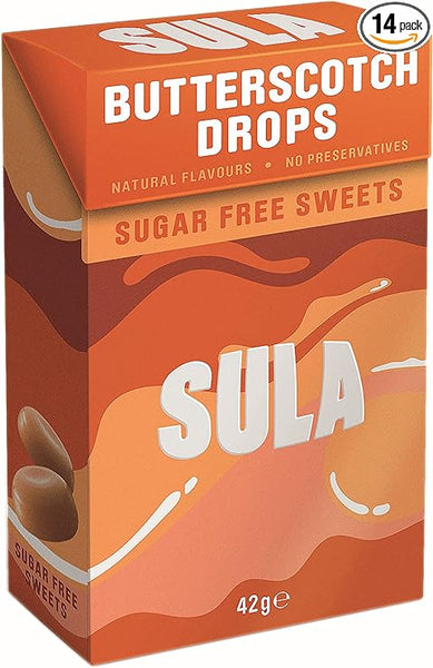 Sula Sugar Free Sweets - Butterscotch, featuring natural flavors and no preservatives, come in a 42g box with orange and brown packaging showcasing the candies and 14 pack printed on the corner.