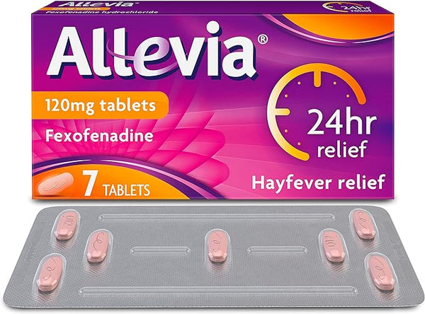 Image of Allevia (7 Tablets) featuring its purple and orange packaging with 24hr relief prominently displayed. Ideal for allergy symptoms, the pack contains seven oval pink tablets offering effective hayfever relief.