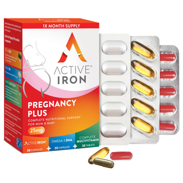 The image shows packaging for Active Iron Pregnancy Plus - 30 Day Supply by Active, highlighting Omega-3. The box states 1x Month Supply. Visible blister packs hold vibrant yellow and red-orange oblong capsules.