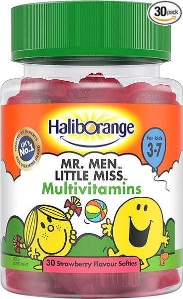 Seven Seas Haliborange Mr Men Multi-Vitamin Softies (30) for children aged 3-7 features fun Mr. Men and Little Miss characters. These strawberry-flavored softies are enriched with essential nutrients, making them the UK’s number one parent-trusted brand for cheerful childrens health vitamins.