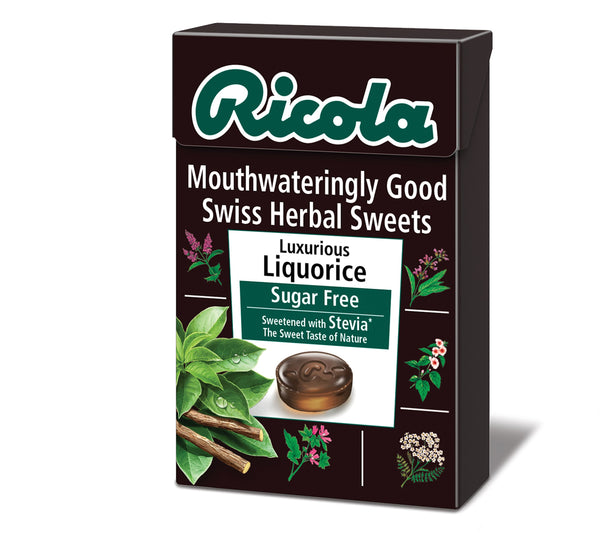 Ricola Swiss Herbal Sweets Sugar-Free Liquorice (45g) offers throat comfort with Stevia sweetness. The pack features herbs, liquorice root, and floral illustrations for an appealing look.