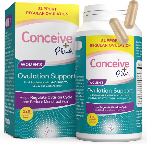 Two bottles of Conceive Plus Ovulation Support Capsules (120 count) are showcased, highlighting their role in supporting fertility. One bottle is open with two capsules beside it, illustrating their purpose to help regulate the ovarian cycle and lessen menstrual pain.