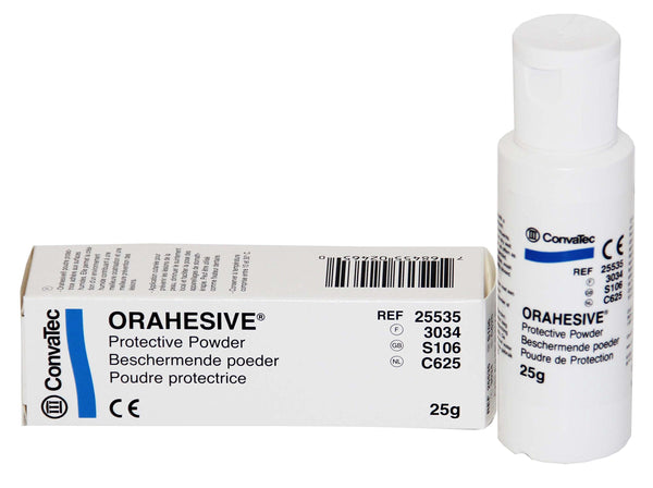 The image features Orahesive Protective Powder (25g) by Convatec, ideal for stoma care. A white bottle is upright next to its box, displaying multilingual details in English, Dutch, and French. This product excels in moisture absorption for optimal protection.