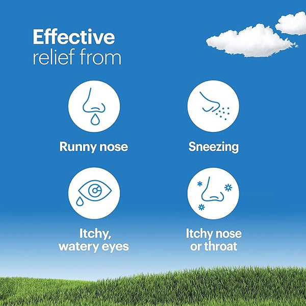 A blue sky and grassy field form the background, topped with the text Effective relief from. Icons show runny nose, sneezing, itchy eyes, and throat. Get non-drowsy relief with Clarityn Allergy & Hayfever Tablets (30), as each symptom is illustrated symbolically.