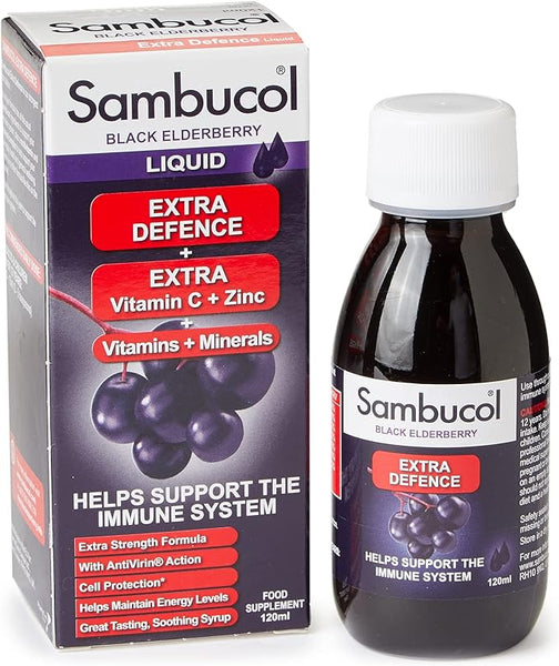 The image features Sambucol Extra Defence Liquid (120ml) and its box, highlighting its support for the immune system with added vitamin C and zinc for enhanced protection.