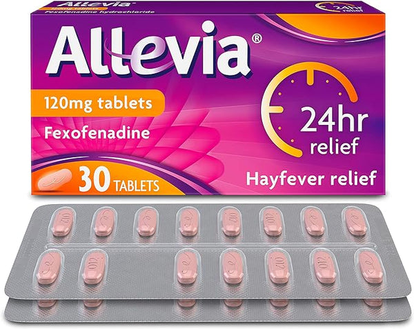 The image displays Allevias Fexofenadine Tablets 120mg (30 Count) in orange and purple packaging, featuring a clock icon for 24-hour hay fever relief, providing effective symptom support.