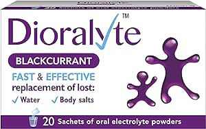 The Dioralyte Blackcurrant Rehydration box showcases its effectiveness in combating dehydration with Fast & Effective replacement of lost: Water, Body salts. It includes 20 oral electrolyte powder sachets and features purple abstract figures on the right.