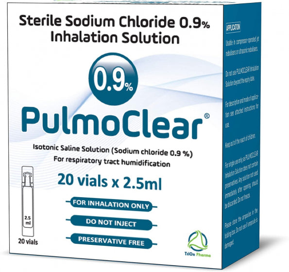 The image shows a box of Pulmoclear Sterile Isotonic 0.9% Sodium Chloride by TriOn Pharma, containing 20 vials of 2.5ml for respiratory humidification, marked For inhalation only and Preservative free.