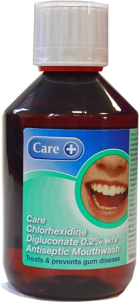 The Care Brand Chlorhexidine Mouthwash Aniseed Red (300ml) features an image of a smiling mouth and contains 0.2% w/v Chlorhexidine Digluconate, effectively treating and preventing gum disease to enhance your oral hygiene routine.