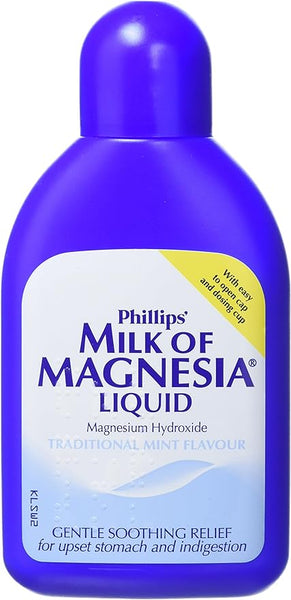 Phillips Milk Of Magnesia (200ml) in a blue bottle with a yellow label provides gentle relief for upset stomach and indigestion. This traditional mint-flavored remedy contains magnesium hydroxide and serves as both a laxative and an antacid.