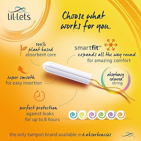 Illustration of Lil-Lets Non-applicator Regular Smartfit Tampons (10 count) highlighting comfort with a plant-based core, smartfit expansion, smooth design, and colored strings. Enjoy up to 8-hour leak protection in six absorbency options for light to medium flow. Choose what works for you.