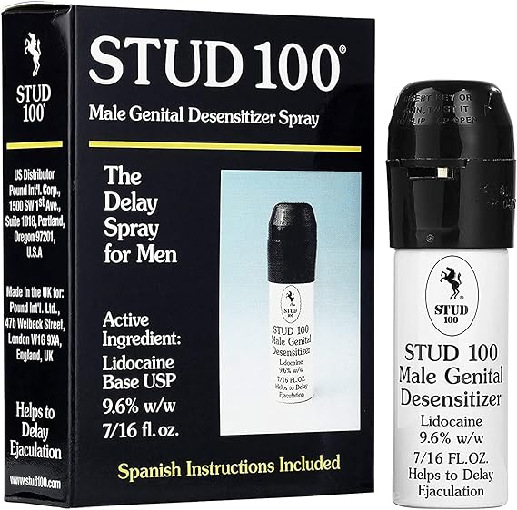 The Stud 100 Desensitizing Spray comes in a sleek black box with white text and an image of the bottle, featuring 9.6% lidocaine to delay ejaculation, enhance sexual performance, and help prolong intimacy.