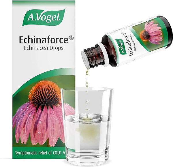 A.Vogel Echinaforce Echinacea Drops (15ml), known for immune support, is poured into a water glass beside its package featuring an echinacea flower, emphasizing its herbal benefits.