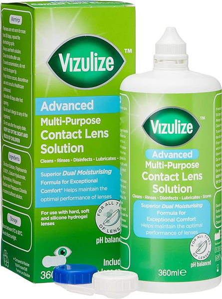 A 360ml bottle of Vizulize All in One Superior (All Lenses) Contact Lens Cleaning Solution, next to its green and white box, effectively cleans, rinses, disinfects, and stores all lenses. It includes a blue and white lens case.