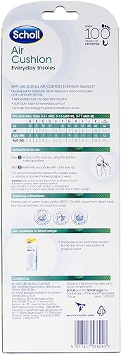 The Scholl Air Cushion Everyday Insoles (1 pair) packaging shows size info, product details, and instructions. It features non-slip comfort with breathable foam on a white background with green and blue accents, including a diagram for proper shoe placement.