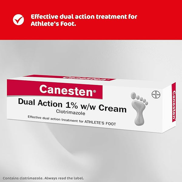 Image of Canesten Dual Action Cream (30g) box, white with gray background. Features foot illustration. Contains 1% w/w clotrimazole, highlighting its antifungal effectiveness for athletes foot. Red section displays brand name Canesten.