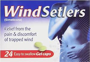 The Windsetlers Gel Capsules packaging, featuring 24 easy-to-swallow gel caps, promises relief from trapped wind pain and discomfort. The background image shows someone holding their stomach, emphasizing its function as a gastric de-foaming agent.