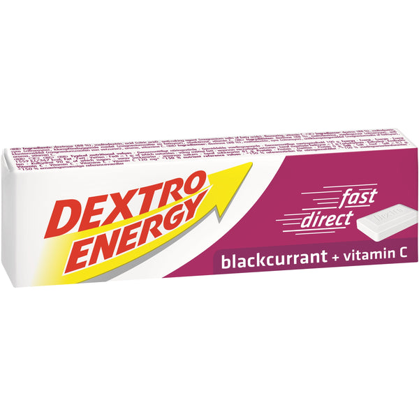 A box of Dextro Energy Blackcurrant Tablets (47g) is shown, featuring purple accents on a white background that emphasize the blackcurrant + vitamin C flavor. The fast direct phrase and yellow arrow logo suggest a quick energy boost.