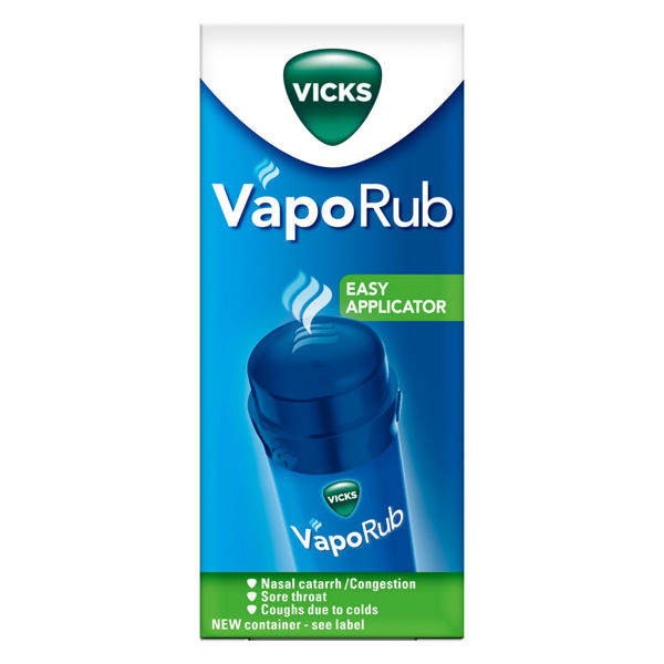 Box of Vicks VapoRub Easy Applicator (35g) by Vicks, featuring logo, product name, and applicator graphic. Text emphasizes relief from nasal congestion, coughs, and sore throat due to colds.
