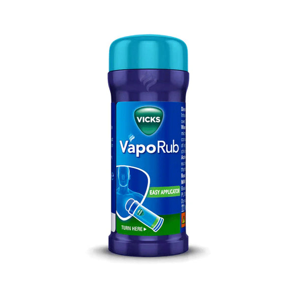 A blue 35g Vicks VapoRub Easy Applicator with a turquoise cap is displayed on a white background, featuring the Vicks logo and product name in white text for trusted respiratory relief.